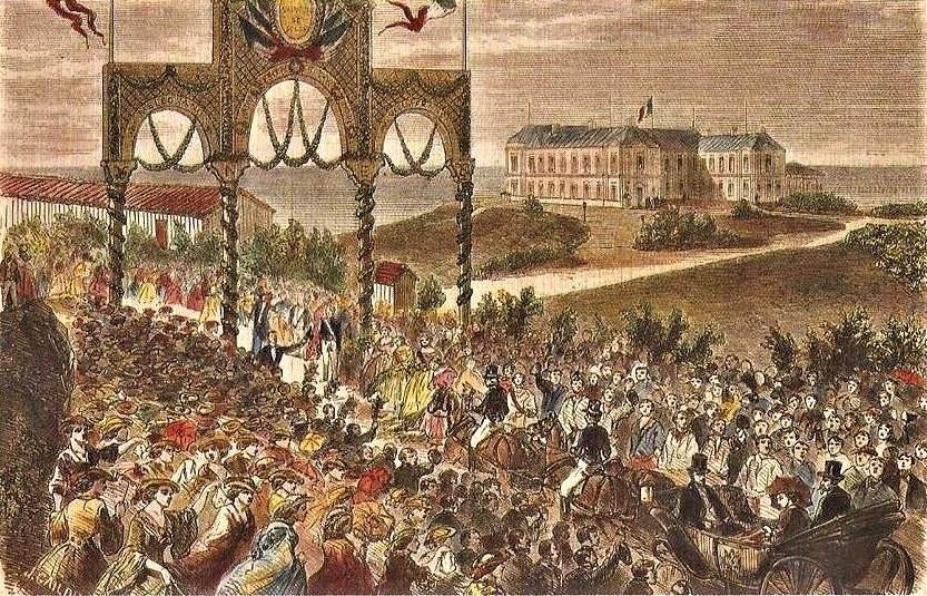 Arrivée triomphale du couple impériale à Biarritz, lithographie, 1860