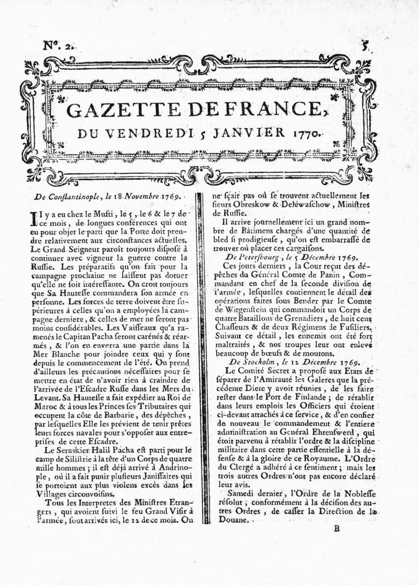 Gazette de France, 5 janvier 1770