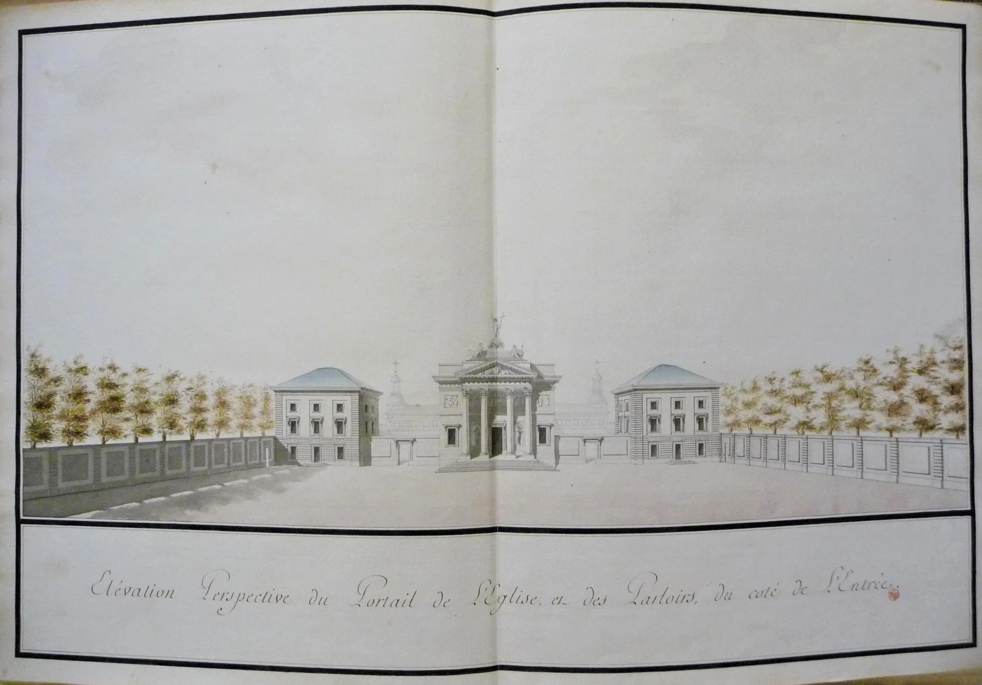 Richard Mique, vue perspective du couvent de la reine depuis la cour, 1er projet, 1766, Versailles, Bibliothèque municipale